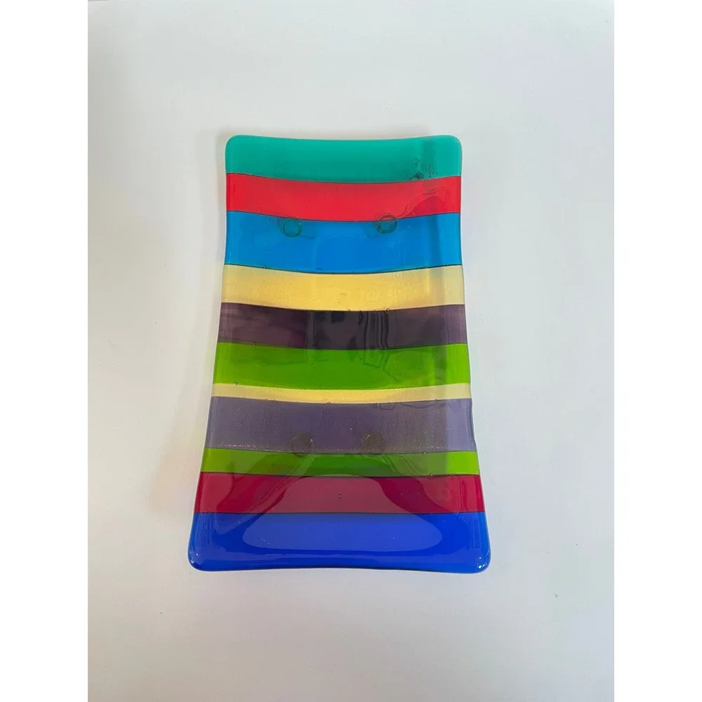 Artisan Signed Fused Glass Striped Tray Rainbow Rectangular‎ Decorative Dish
